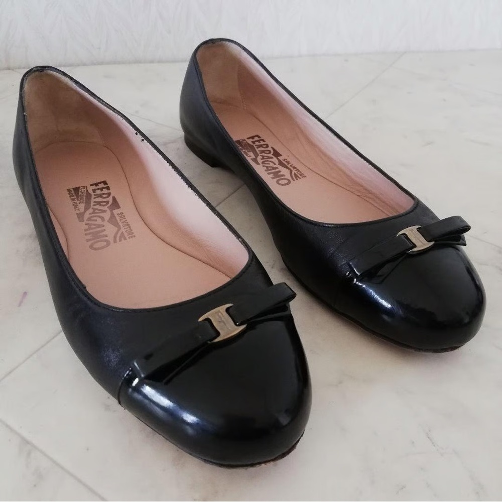 Salvatore Ferragamo Midge Patent Cap Toe Calfskin Leather Vara Bow Ballet Flats
